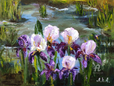 Malarstwo zatytułowany „Irises oil painting” autorstwa Elena Gridneva, Oryginalna praca, Olej