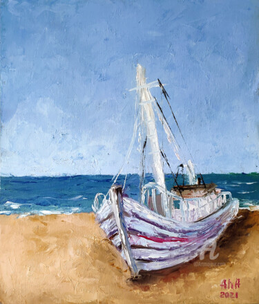 Картина под названием "Boat on the seashore" - Elena Gridneva, Подлинное произведение искусства, Масло