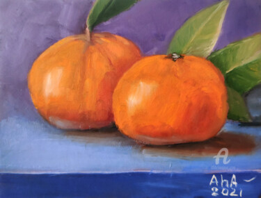 Картина под названием "Still life tangerin…" - Elena Gridneva, Подлинное произведение искусства, Масло