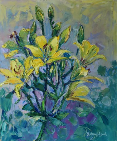 Painting titled "Yellow lilies" by Arus Pashikyan, Original Artwork, Oil Mounted on Wood Stretcher frame