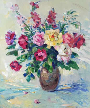 Peinture intitulée "Roses in a vase" par Arus Pashikyan, Œuvre d'art originale, Huile