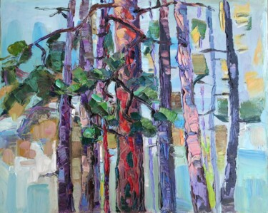 Painting titled "Trunks of pine trees" by Arus Pashikyan, Original Artwork, Oil Mounted on Wood Stretcher frame