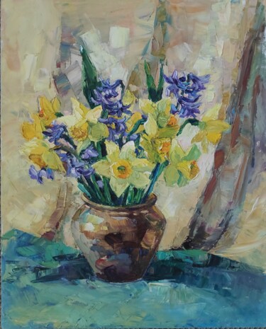 Painting titled "Daffodils" by Arus Pashikyan, Original Artwork, Oil Mounted on Wood Stretcher frame