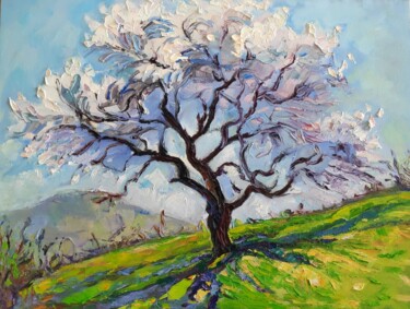 Painting titled "flowering almond tr…" by Arus Pashikyan, Original Artwork, Oil Mounted on Wood Stretcher frame