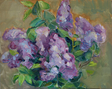 Painting titled "Lilacs" by Arus Pashikyan, Original Artwork, Oil Mounted on Wood Stretcher frame