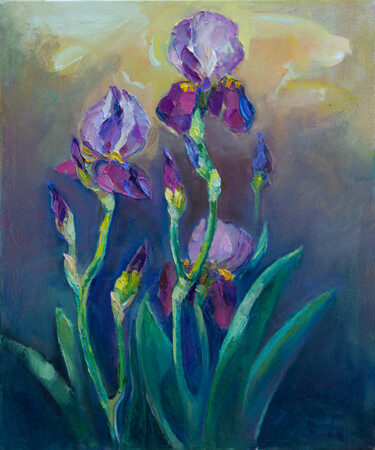 Painting titled "Irises" by Arus Pashikyan, Original Artwork, Oil Mounted on Wood Stretcher frame