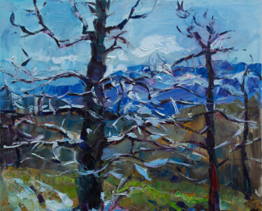 Painting titled "The first snow" by Arus Pashikyan, Original Artwork, Oil Mounted on Wood Stretcher frame