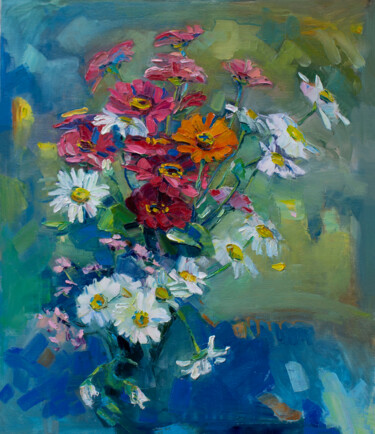 Painting titled "Flowers" by Arus Pashikyan, Original Artwork, Oil Mounted on Wood Stretcher frame