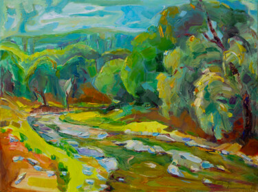 Painting titled "Willows" by Arus Pashikyan, Original Artwork, Oil Mounted on Wood Stretcher frame