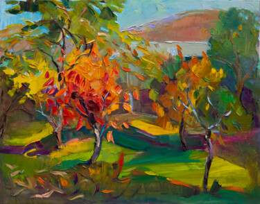Painting titled "Autumn garden" by Arus Pashikyan, Original Artwork, Oil Mounted on Wood Stretcher frame