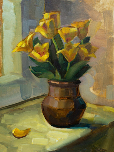 Peinture intitulée "Yellow tulips" par Arus Pashikyan, Œuvre d'art originale, Huile Monté sur Châssis en bois