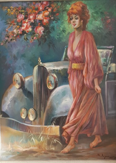 Painting titled "Frau auf einem Tref…" by Aryanpalet, Original Artwork, Oil Mounted on Wood Stretcher frame