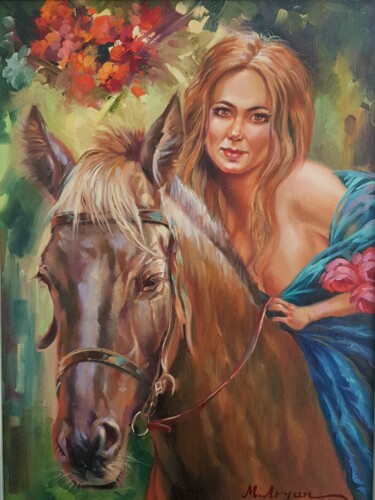 Painting titled "Frau am Reiten" by Aryanpalet, Original Artwork, Oil Mounted on Wood Stretcher frame