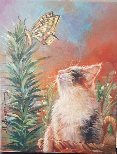 Malerei mit dem Titel "Katze und Schmetter…" von Aryanpalet, Original-Kunstwerk, Öl Auf Keilrahmen aus Holz montiert