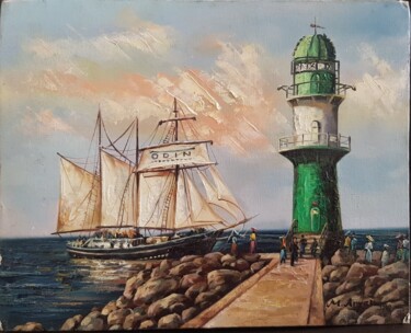 Painting titled "Rostock Ostsee" by Aryanpalet, Original Artwork, Oil Mounted on Wood Stretcher frame