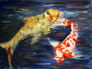 Painting titled "Pair of Koi Fish" by Aryawansa Kumarasinghe, Original Artwork, Acrylic Mounted on Wood Stretcher frame
