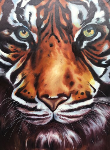 Pittura intitolato "A Tiger's Smirk" da Aryawansa Kumarasinghe, Opera d'arte originale, Olio Montato su Telaio per barella i…