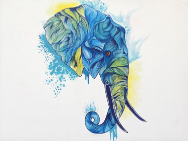 Pintura intitulada "Tusker in Blue" por Aryawansa Kumarasinghe, Obras de arte originais, Acrílico Montado em Armação em made…