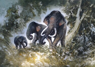 Malerei mit dem Titel "Elephants in the Wi…" von Aryawansa Kumarasinghe, Original-Kunstwerk, Acryl Auf Keilrahmen aus Holz m…