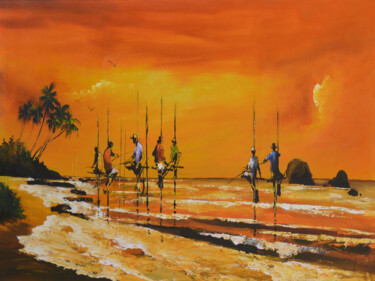 Painting titled "Blissful Sunsets" by Aryawansa Kumarasinghe, Original Artwork, Acrylic Mounted on Wood Stretcher frame