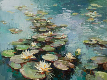 Картина под названием "Pond of Water Lilies" - Aryawansa Kumarasinghe, Подлинное произведение искусства, Акрил Установлен на…