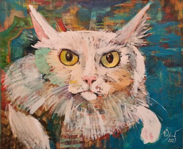 Malarstwo zatytułowany „Умный кот Smart cat” autorstwa Asadullina Elvira, Oryginalna praca, Olej Zamontowany na Drewniana ra…