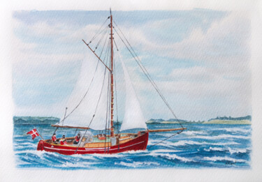 Malarstwo zatytułowany „Red Danish Sail Boat” autorstwa Asan Kurtmalaiev, Oryginalna praca, Akwarela