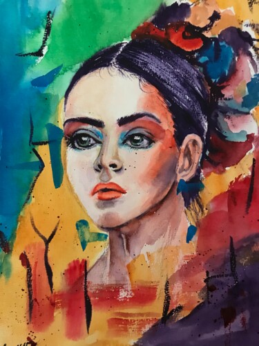 Dessin intitulée "Portrait" par Aynur Gürsoy, Œuvre d'art originale, Aquarelle