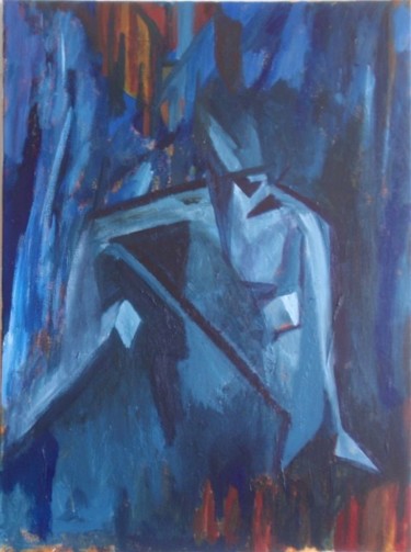 Schilderij getiteld "Figuur in  blauw" door Ria V An Calcar, Origineel Kunstwerk