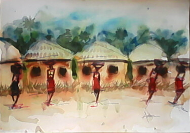 Peinture intitulée "Village market" par Asenior, Œuvre d'art originale, Aquarelle