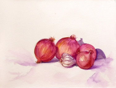 Still life with onions garlic Painting titled "Still life with oni…" by Art By Aashaa, Original Art, Watercolor