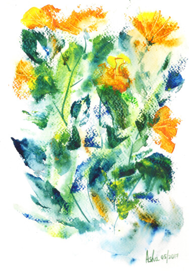 Yellow spring flowers contemporary art Painting titled "Yellow spring flowe…" by Art By Aashaa, Original Art, Watercolor
