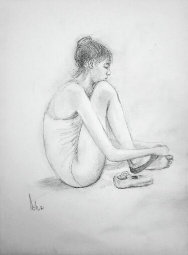 Рисунок под названием "Ballerina relaxing,…" - Asha Sudhaker Shenoy, Подлинное произведение искусства, Карандаш