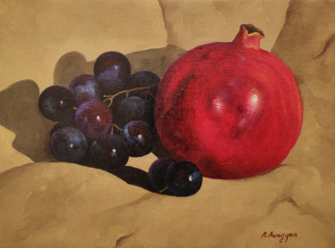 Painting titled "Grapes with Pomegra…" by Ash Avagyan, Original Artwork, Oil Mounted on Wood Stretcher frame