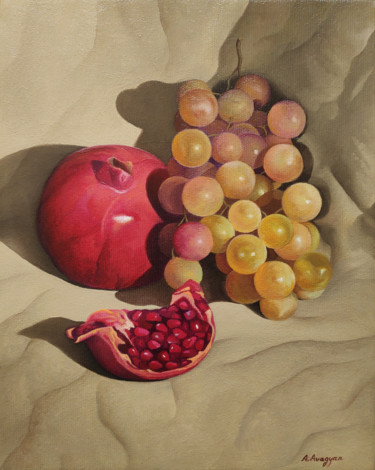 Painting titled "Pomegranates and Gr…" by Ash Avagyan, Original Artwork, Oil Mounted on Wood Stretcher frame