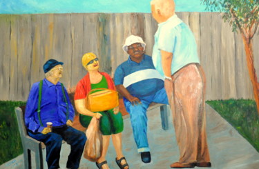 Painting titled "Meeting of veterans," by Asher, Original Artwork, Oil Mounted on Wood Stretcher frame