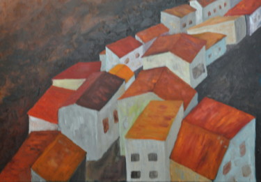 Painting titled "Roofs" by Asher, Original Artwork, Oil Mounted on Wood Stretcher frame