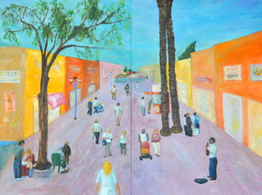 Painting titled "A pedestrian mall" by Asher, Original Artwork, Oil Mounted on Wood Stretcher frame