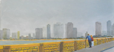 Painting titled "Tel Aviv view from…" by Asher, Original Artwork, Oil Mounted on Other rigid panel