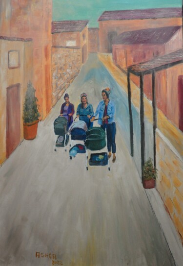 Schilderij getiteld "MOTHERS" door Asher, Origineel Kunstwerk, Olie Gemonteerd op Frame voor houten brancard