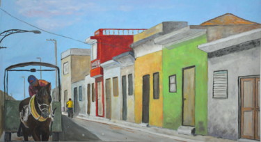 Painting titled "Cuban street" by Asher, Original Artwork, Oil Mounted on Wood Stretcher frame