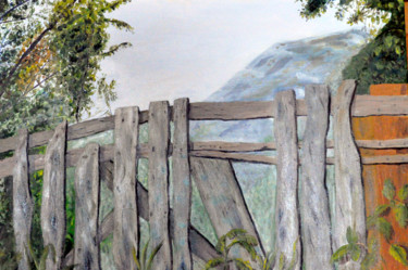Painting titled "Old fence" by Asher, Original Artwork, Oil Mounted on Wood Stretcher frame