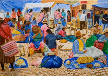 Painting titled "pisac indian  market" by Asher, Original Artwork