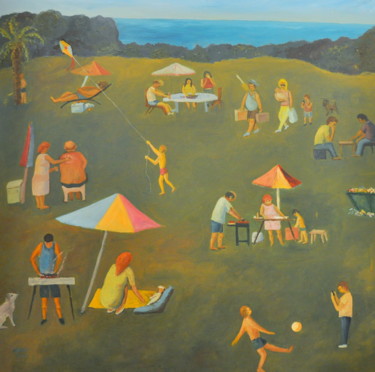 Painting titled ".Picnic" by Asher, Original Artwork, Oil Mounted on Wood Stretcher frame
