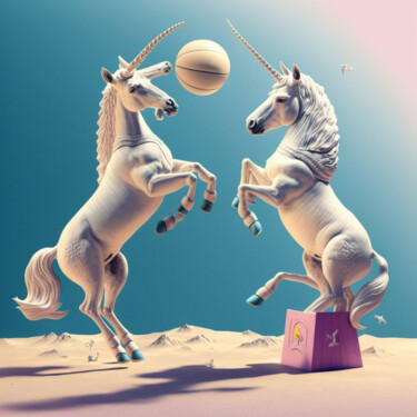 Arts numériques intitulée "unicorns playing ba…" par Ashiq Chappangan, Œuvre d'art originale, Image générée par l'IA