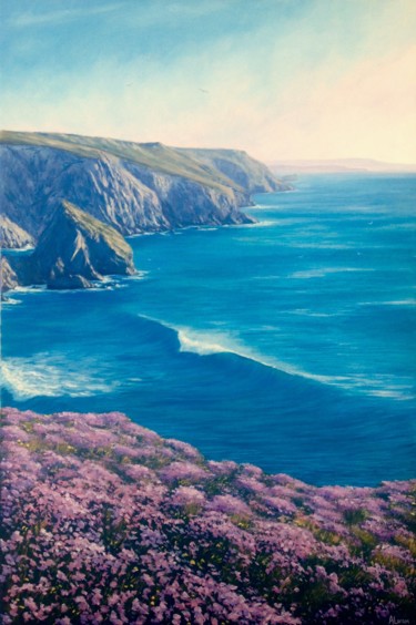 Painting titled "bedruthan steps" by Ashley Loram, Original Artwork, Oil