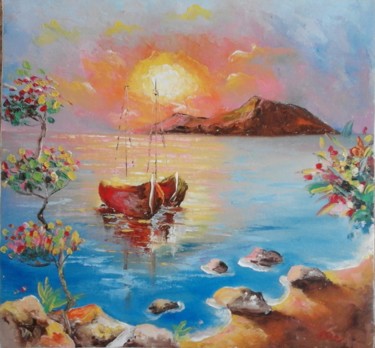 Painting titled "Boat at sunset" by Asia, Original Artwork, Oil Mounted on Wood Panel