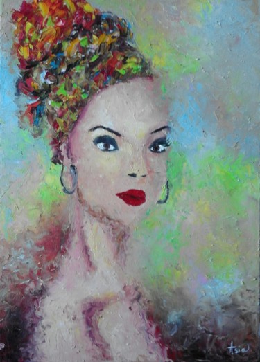 Painting titled "Afrikan beauty" by Asia, Original Artwork, Oil Mounted on Wood Stretcher frame