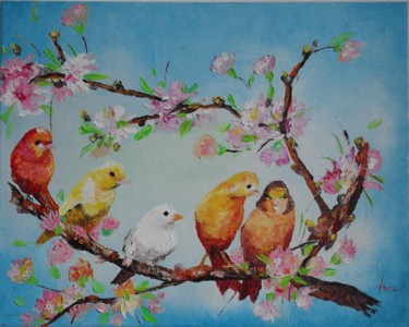 Painting titled "Five birds" by Asia, Original Artwork, Oil