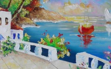 Painting titled "Greek Seascape" by Asia, Original Artwork, Oil